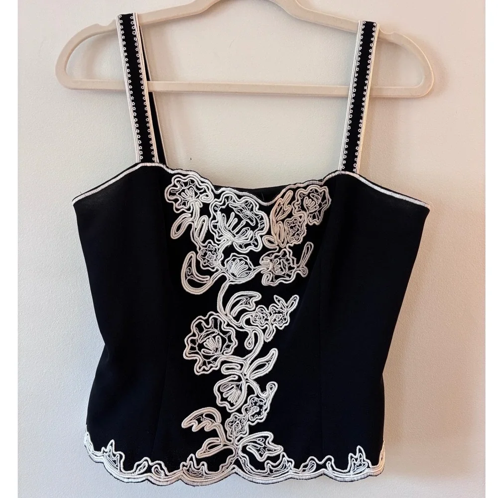 Vintage Y2K Maggy London Black White Floral Soutache Embroidered Cami Top 10P